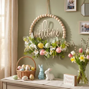 Easter egg wooden bead wreath wall hanging artificial lamb ear leaves holiday party home decor