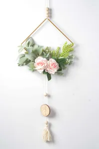 Nordic minimalist wall hanging decor with artificial pink roses, gold iron frame and wood beads.