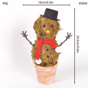 Detailed view of handmade moss snowman potted plant with dimensions and holiday decor design.