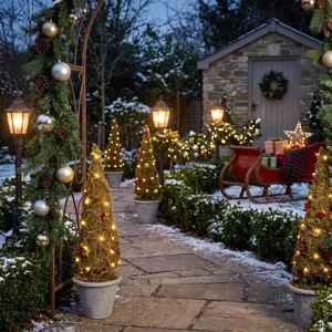 Vista dettagliata di un mini bonsai di albero di Natale in muschio con luci calde.