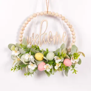 Easter egg wooden bead wreath wall hanging artificial leaves holiday party home decor detail