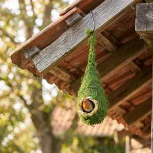 Detail shot of the hanging moss bird nest under a wooden eave, perfect for garden decoration.