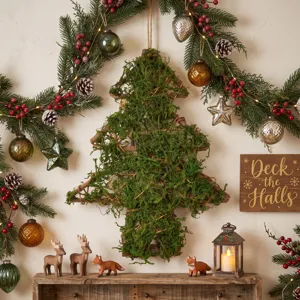 Rustic preserved moss Christmas tree hanging ornament forest style wall decor for holiday party.