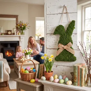 Decoracion de pared de conejo de musgo de Pascua con lazo de yute para fiesta hogar.