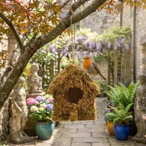 Hängendes Moos Holz Vogelhaus für Gartendeko, rustikales Vogelnest zum Aufhängen im Baum.