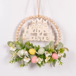 Easter wooden bead wreath wall hanging with artificial leaves bunny decor and colorful eggs