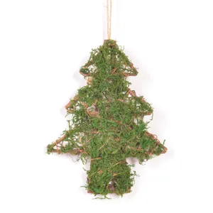 Close-up detail of the vine and moss Christmas tree hanging decoration, forest style.