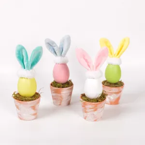 Easter bunny egg potted plants with plush ears and moss in mini pots for holiday home decor details.