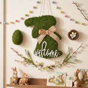 Letrero Colgante Conejo Musgo Pascua Lazo Yute Decoración Pared Hecha Mano Puerta Principal Fiesta Primavera Hogar