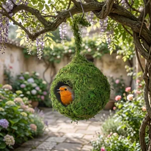 Natural moss spherical hanging bird house for garden outdoor decoration and bird nesting.