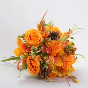 Autumn artificial flower bouquet retro rose pinecone decor home wedding photography props