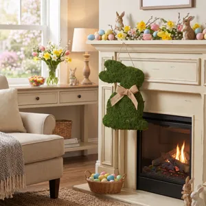 Detalle de decoración colgante de conejo de musgo de Pascua, lazo de yute, pared de fiesta