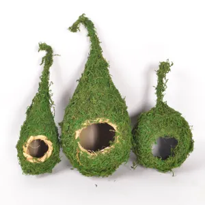 Natural moss hanging bird nest set, handmade decorative birdhouse for garden yard landscaping.