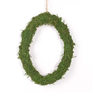 Preserved green moss oval wreath detail, hanging rope spring forest style home decor.