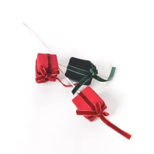 Christmas velvet gift box floral picks, small red and green boxes for DIY tree decor.