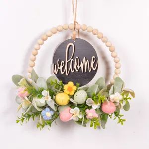 Easter egg wooden bead wreath wall hanging artificial lamb ear leaves holiday home decor
