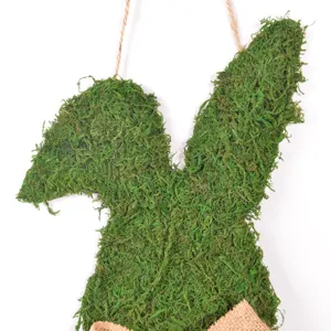 Letrero colgante de conejo de musgo de Pascua hecho a mano con lazo de yute para puerta.