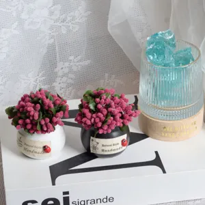 Mini artificial berry potted plants with glass ore diffuser set for home office decor