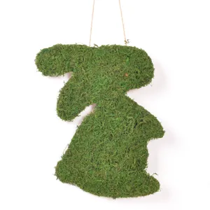 Primer plano del cartel colgante de conejo de Pascua hecho de musgo verde natural.