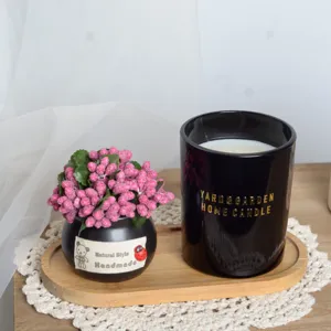 Mini artificial berry potted plant and black candle set for office and home desktop decor.