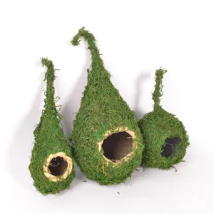 Handcrafted natural moss hanging bird nest set for garden decor and small bird habitats.