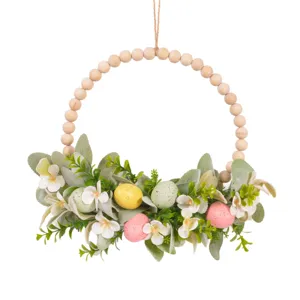 Easter egg wood bead wreath hanging decor faux lamb ear leaves wall ornament for home party