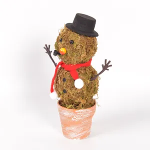 Handmade moss snowman potted plant detail, perfect for Christmas home desktop decoration display.