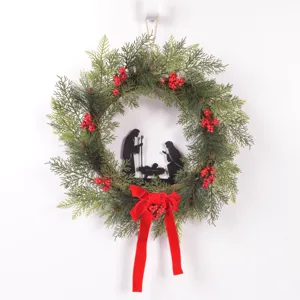 Christmas wreath door hanging artificial pine branches red berries velvet bow nativity decor
