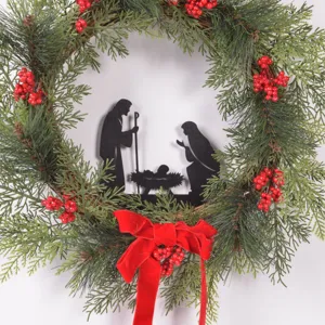 Christmas wreath door hanging artificial pine branches berries velvet bow wall decor holiday