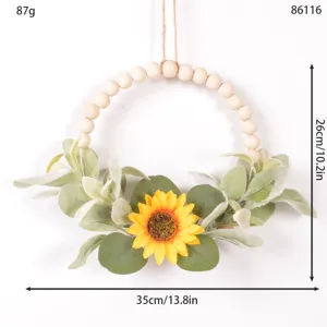 Spring summer artificial flower wreath wooden bead sunflower wall hanging decor for home