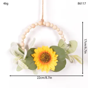 Artificial sunflower wooden bead hanging wreath wall decor farmhouse seasonal ornament