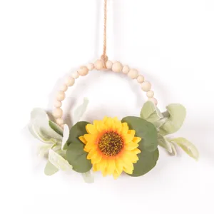 Spring summer artificial sunflower wreath wooden bead hanging farmhouse home wall door decor detail