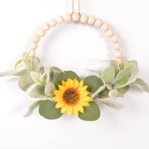 Spring summer artificial wooden bead sunflower wreath wall hanging farmhouse home decor detail