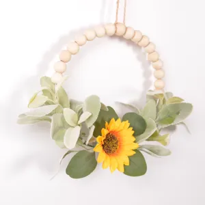 Spring summer artificial sunflower wooden bead wreath wall hanging for farmhouse home decor item