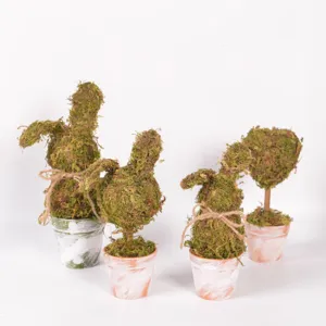 Easter moss rabbit figurine set with distressed pots and twine, cute pastoral desktop decor.