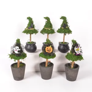 Halloween Moos Hexenhut Topfpflanze Detailansicht, Mini Zaubererhut Tischdekoration.