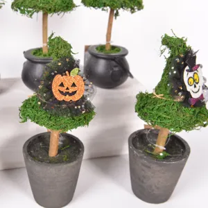 Detailansicht von Halloween Moos Hexenhut Topfpflanzen mit süßer Kürbis und Totenkopf Deko.