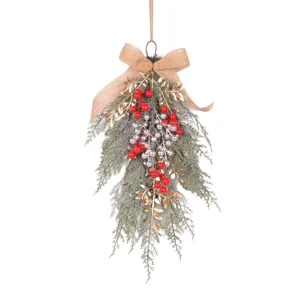 Christmas artificial pine branch teardrop hanging decor with red berries and burlap bow