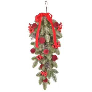 Christmas teardrop swag flocked pine branch red velvet bow ball holiday door wall hanging decor