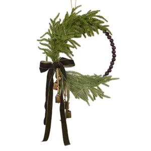 Christmas Norfolk pine wreath with wood beads velvet bow rustic holiday home door wall decor