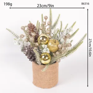 Mini Christmas tree potted plant with pinecones berries and burlap pot desktop decor 27cm