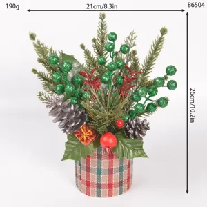 Christmas artificial pine branch potted plant with glitter berries and pine cones home decor