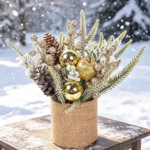 Mini Christmas Tree Potted Artificial Green Plant Berries Burlap Bucket Bonsai Home Desktop Holiday Party Decor