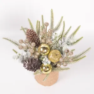 Mini Christmas tree pot detail, artificial pinecones and golden berries, festive decor.