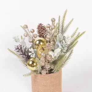 Mini Christmas tree potted plant with pinecones berries burlap base for home decor