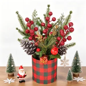 Christmas Desktop Mini Potted Plant Artificial Pine Branches Berries Pinecones Festive Tabletop Ornament Home Decor
