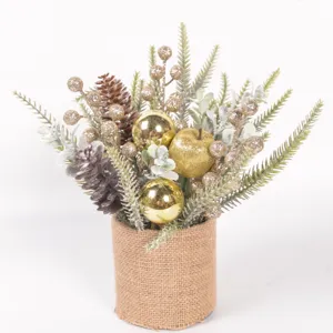 Christmas mini artificial tree potted plant with berries and burlap pot for home desk decor