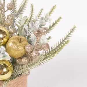 Mini Christmas tree potted artificial green plant berries burlap bucket home decor ornament