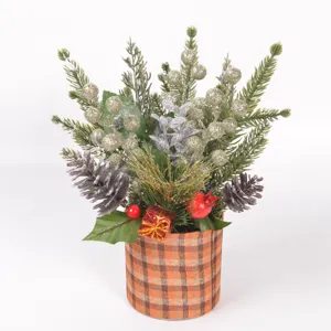Christmas desktop decorative potted artificial pine branches with glitter berries and pinecones