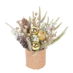 Mini Christmas tree potted plant artificial green foliage berries burlap pot home decor desktop